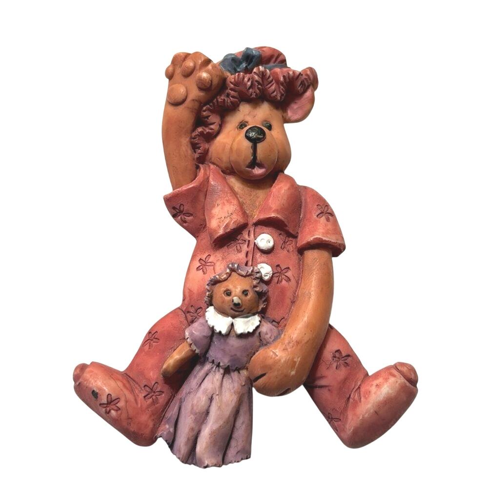 Vintage Clay Teddy Bear Brooch Hand Painted Folk Art Mama Bear Pin